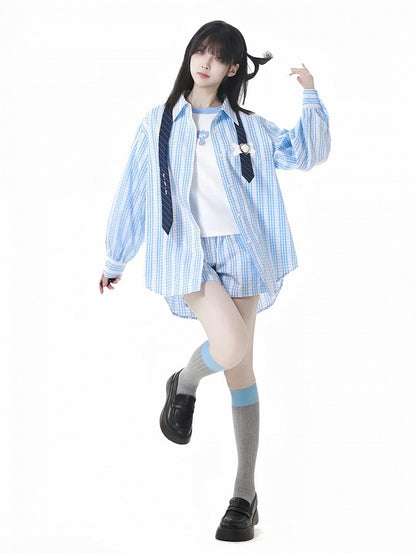Blue  White Elastic Waist Plaid Shorts