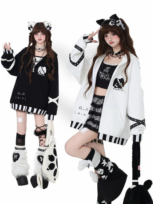 Black White Striped Bunny Ear Zip Hoodie