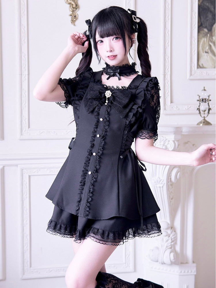 Jirai Kei Black Set: Cutout Shoulder Mini Dress with Lace-up Side Details and Skirt