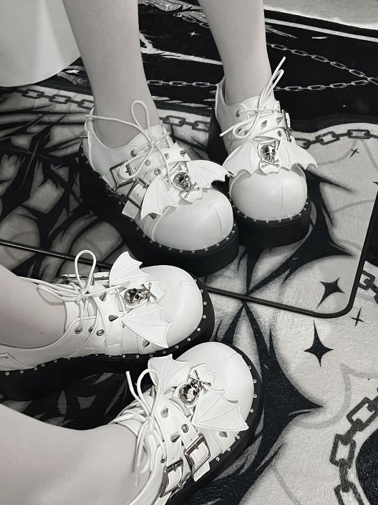 Y2K Matte White Punk Stud Buckle Strap Bat Wings Platform Shoes