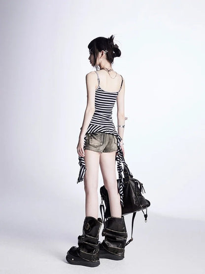 Glamorous Denim Shorts Waist Cross Studs Distressed Black Low