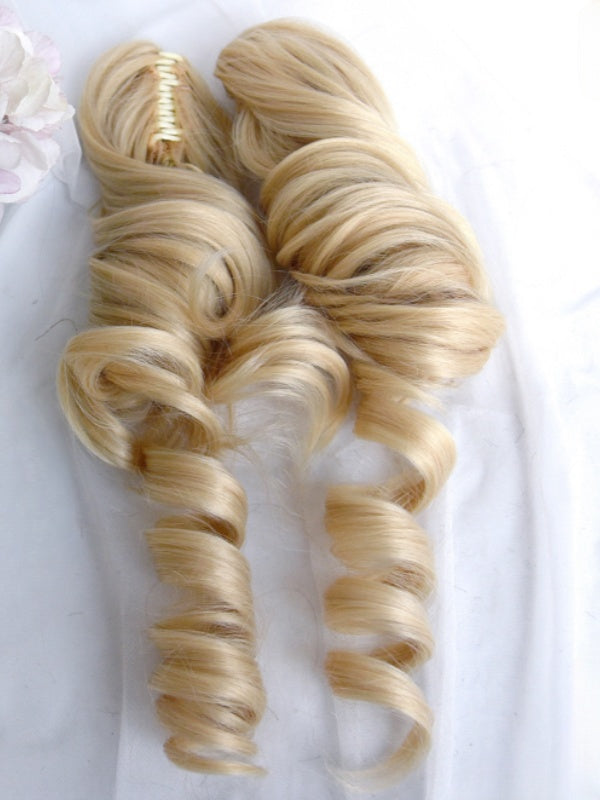 Blonde Short Bob Cut Wig With Bangs＋Double Curly Ponytail Claw Clips
