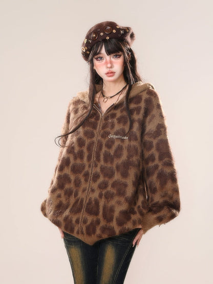 Brown Leopard Thick Hooded Zip Jacket