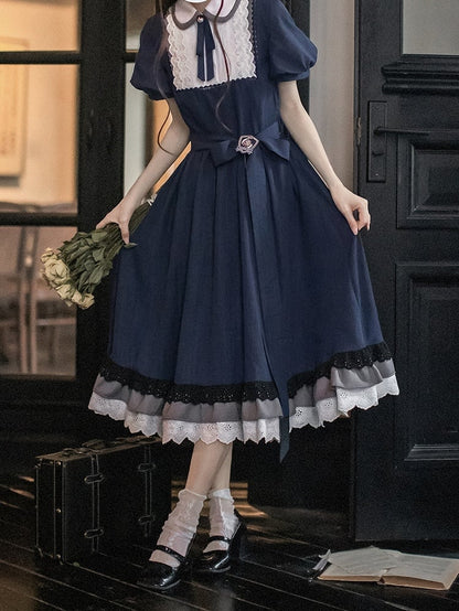 Blue Navy Piece Peter Pan Collar and Puff Sleeves Pattern Classic Plaid Lolita One with Elegant in