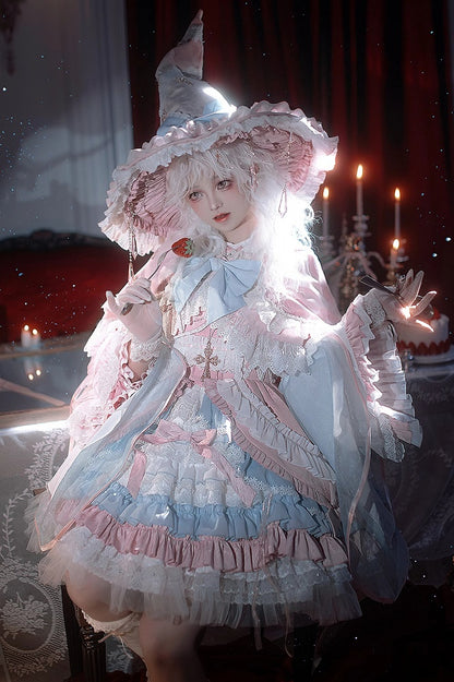 Robe Lolita taille haute rose et bleue, ensemble complet avec jupe et pull