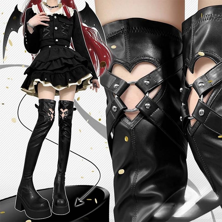 Matte Black Heart-shaped Cutout Detail Gothic Thigh-high Boots