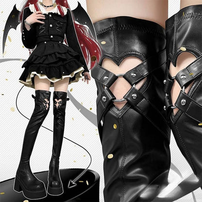 Matte Black Heart-shaped Cutout Detail Gothic Thigh-high Boots