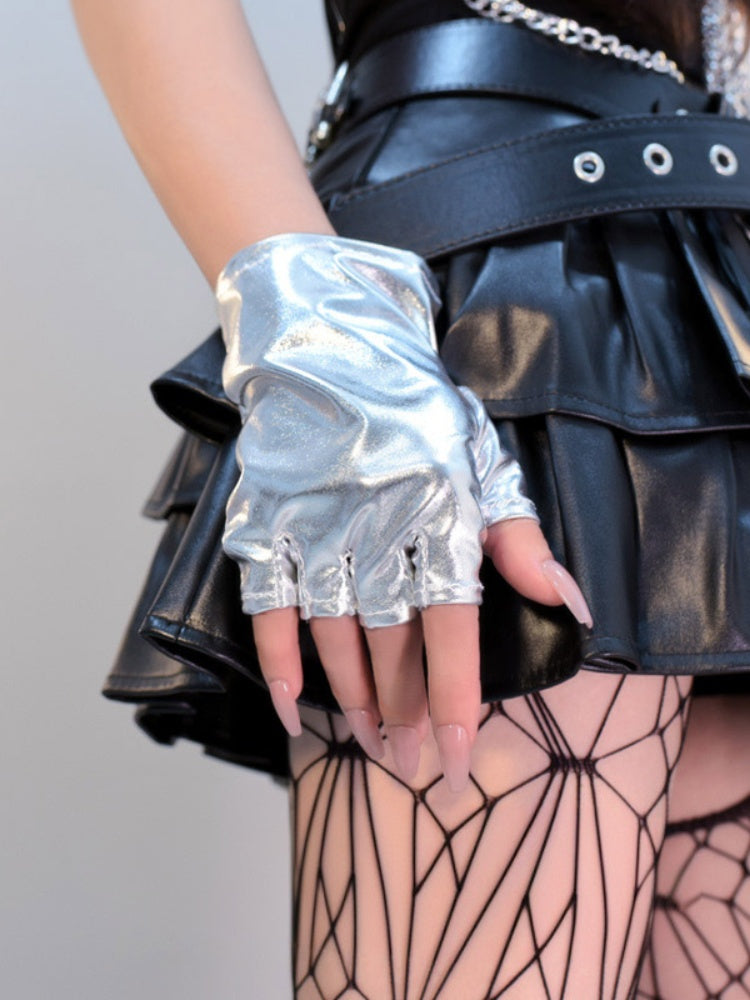Gants sans doigts Cyberpunk gothiques noirs/argentés