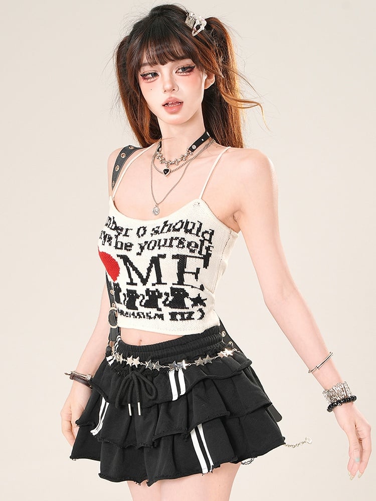 Heart Glamorous Cami Pink/Beige Top Cat Letter Print And