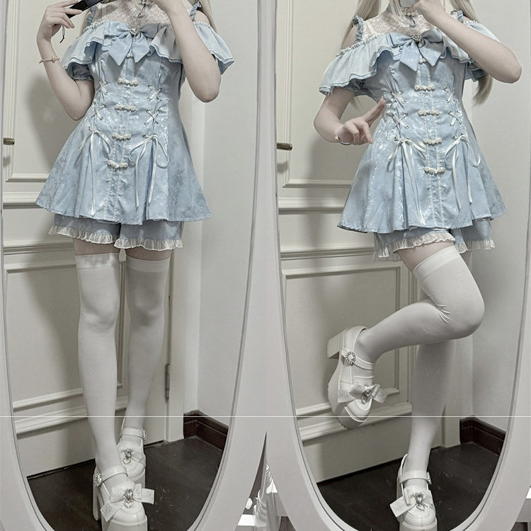 Shorts Bow Tie Cheongsam Light + Neckline Kei Style Set- Jirai Illusion Mini Dress Blue + Bell Sleeves