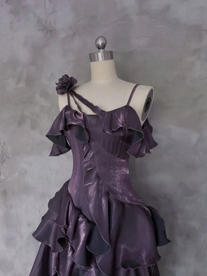 Dark Purple Asymmetrical Layered Flounce Spaghetti Strap Prom Dress Evening Gown