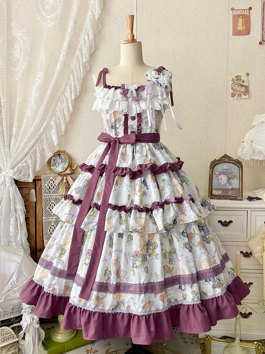 Lolita Ruffle and Ice Cream Purple Skirt Tiered Blueberry Dress Print Trimming