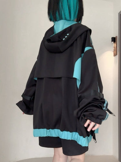 Hooded Techwear Black Futuristic Jacket Blue and Cyberpunk