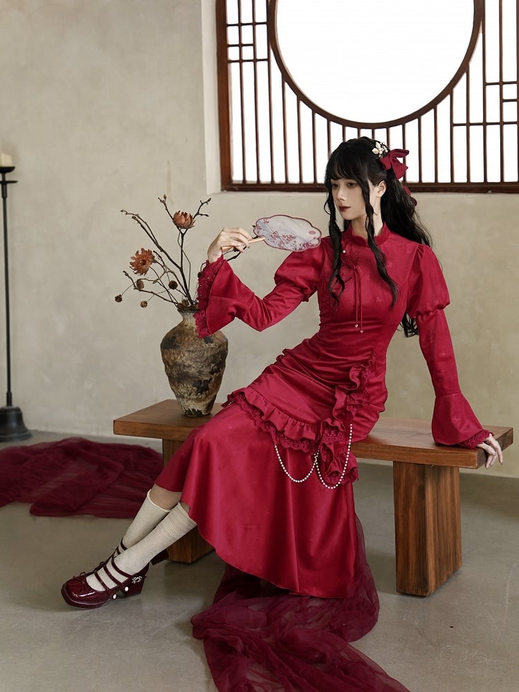 Red New Year Butterfly Mermaid Hem Qipao with Removable Bead Chain