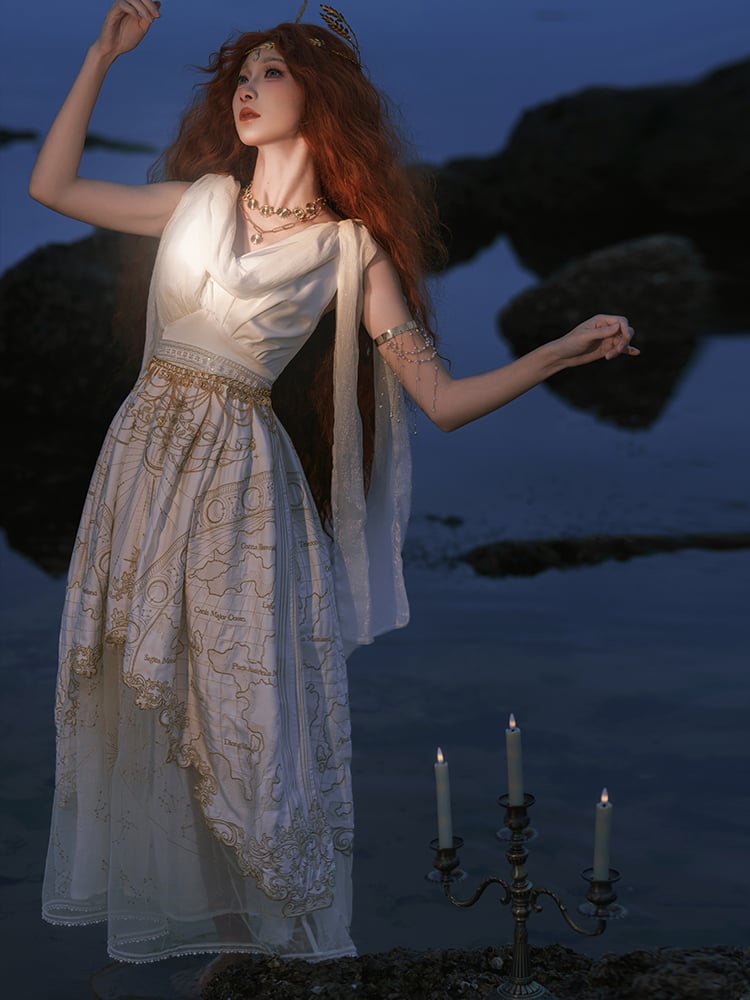 Neckline Greek Style Skirt Cowl Gold Jumper Celestial Map Embroidery White