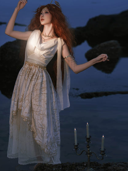 Neckline Greek Style Skirt Cowl Gold Jumper Celestial Map Embroidery White