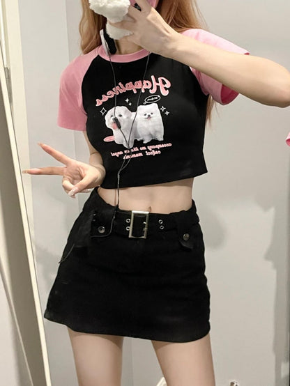 Black Pink Cute Puppy Print Cropped Top