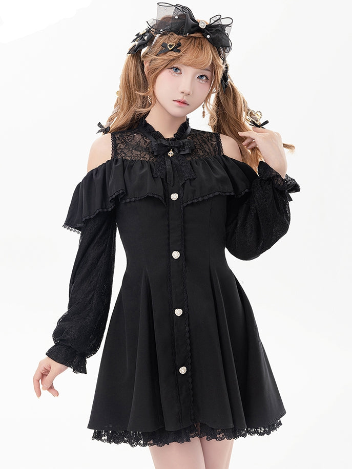 Black Illusion Neckline Cutout Shoulder Jirai Kei Long Sleeves Dress with Bow Tie