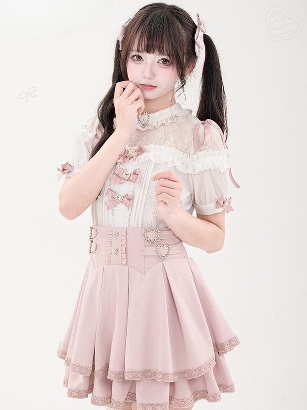 Bowknot Short Jirai Rhinestone Shirt Pleating Pink Details Sleeves Decorated Kei Heart