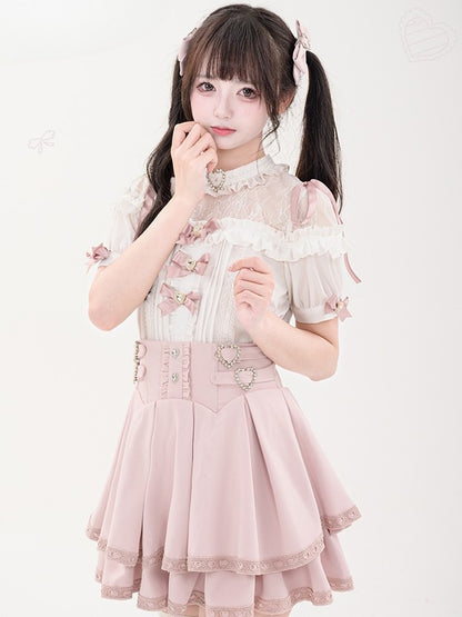 Bowknot Short Jirai Rhinestone Shirt Pleating Pink Details Sleeves Decorated Kei Heart
