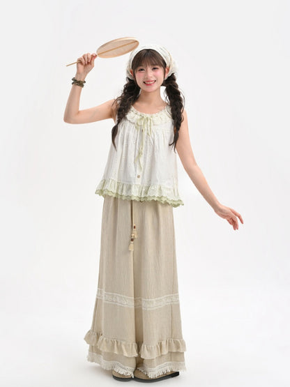 Ruffled Khaki Flax Tassel Cuffs Trim Drawstring Regular/Short Waist Wide-Leg Pants Version