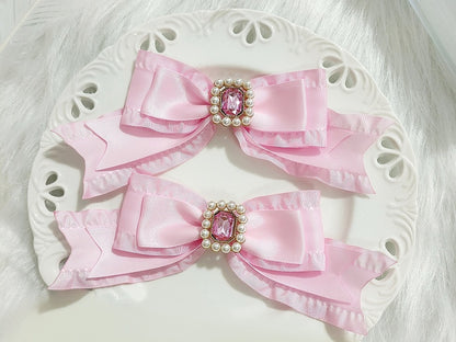 Pink/Dark Red/White/Black Jirai Kei Beads and Rhinestones Adorned Bowknot Hairclips