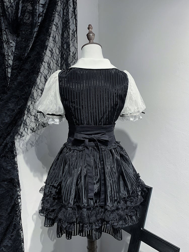 Belt Corset Stripes Skirt Waist Puffy Dress Layered Black Jirai Kei White and Lace-up with Three High