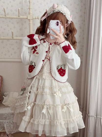 White Long Sleeves Strawberry Applique Cardiagn