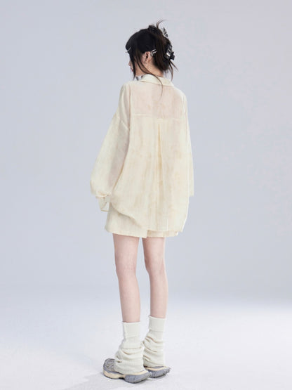 Apricot Semi-Sheer Sun Protection Shirt/Loose Shorts