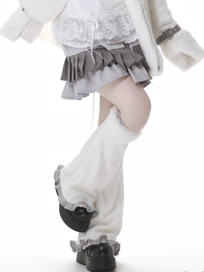 White Plush Leg Warmers with Gray Ruffle Trim