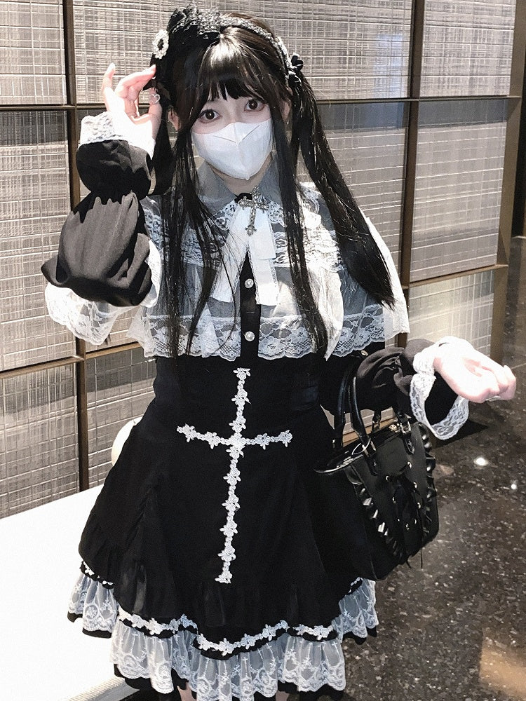 Jirai Kei White&Black/All Black Lace Cape Design Landmine Style Blouse
