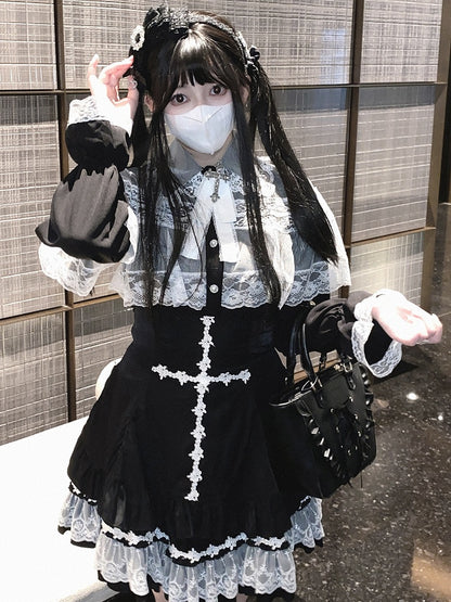 Jirai Kei White&Black/All Black Lace Cape Design Landmine Style Blouse