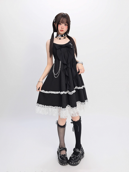 Skirt Cami Dress Big Bow Neckline Black with Striped Waist Detachable Chain Bubble