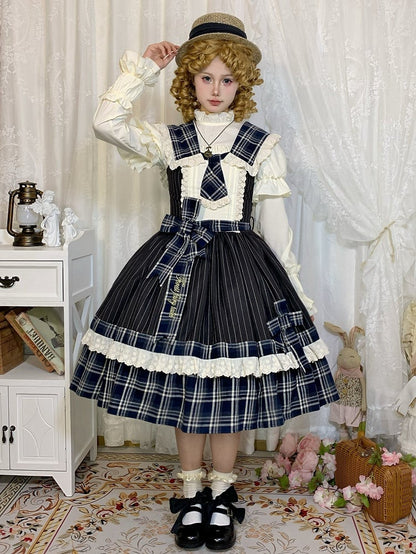 Blue Plaid and Black Striped Pattern Dress Detachable Collar and Tie Lolita Jumper Skirt