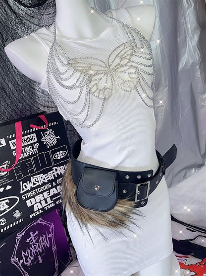 Black Faux Fur Trim Buckle Belt+ Snap Waist Bag