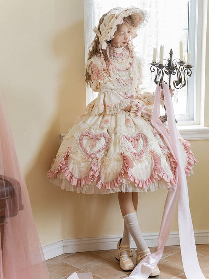 Beige Hanayome Rosette Embroidery Floral and Bead Chain Lolita OP Full Set