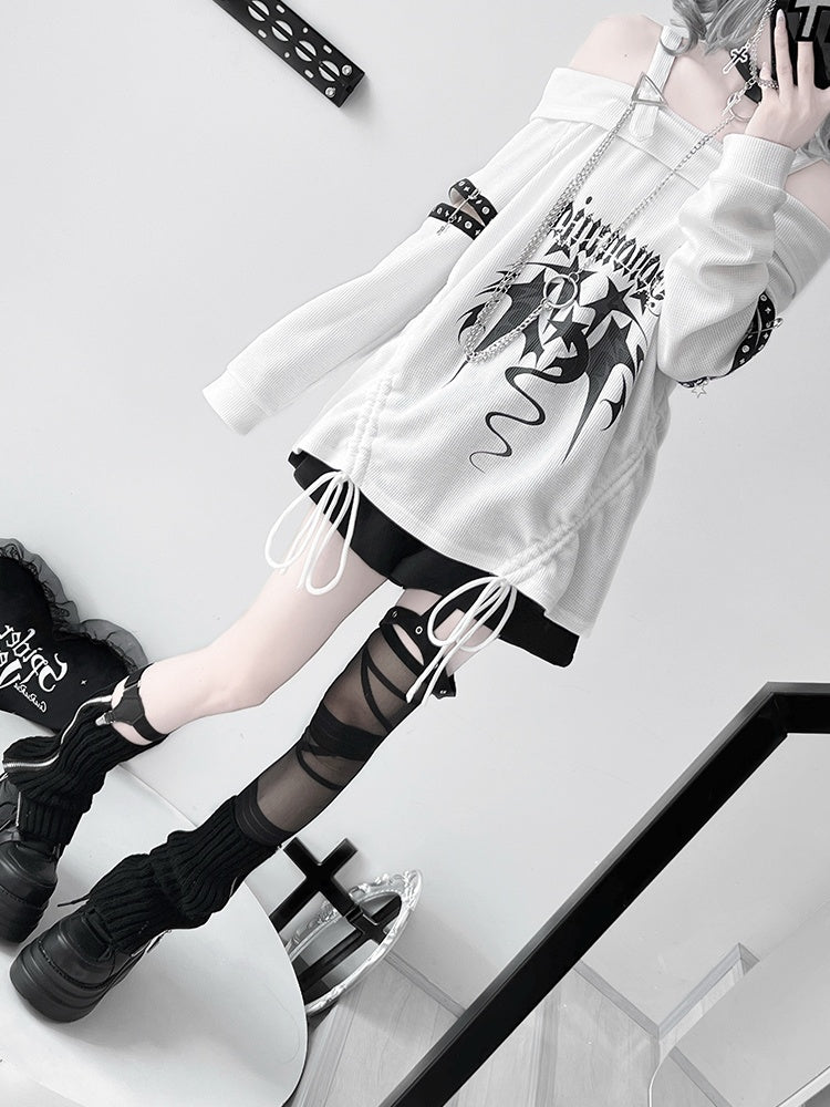 White Off-the-shoulder Neckline Drawstring Design Punk Top