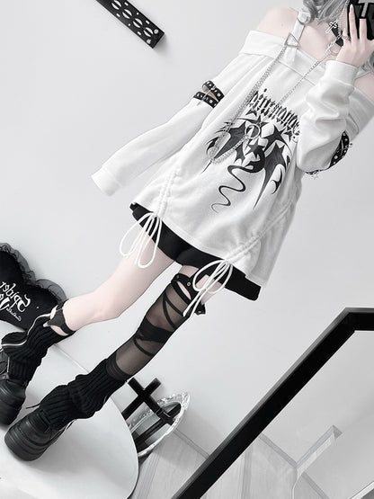 White Off-the-shoulder Neckline Drawstring Design Punk Top