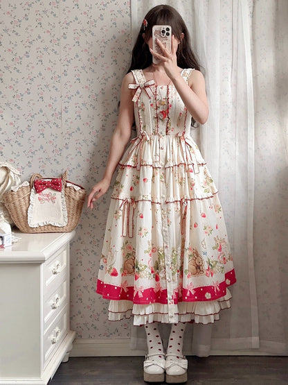 Bunny Pink House Dress Hemline Print Lolita Red Fashion and Strawberry