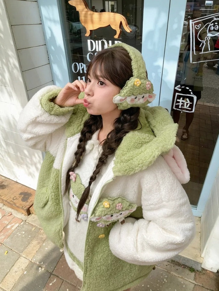 Cute Lamb Applique White and Green Colorblock Design Fleece Zip Hoodie