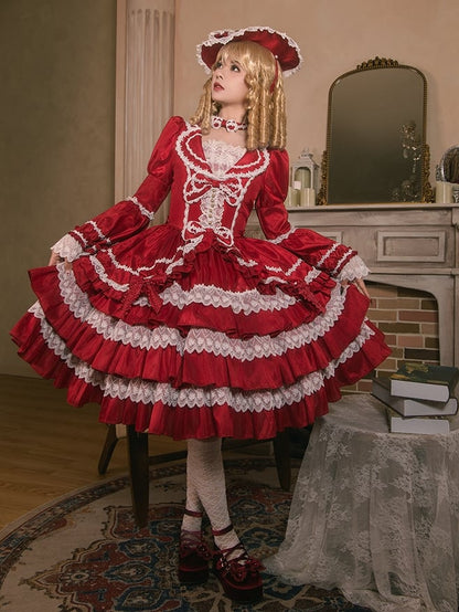 Red Gorgeous Tiered Ruffle Skirt Puff Sleeves and Bell Sleeves Lolita Dress