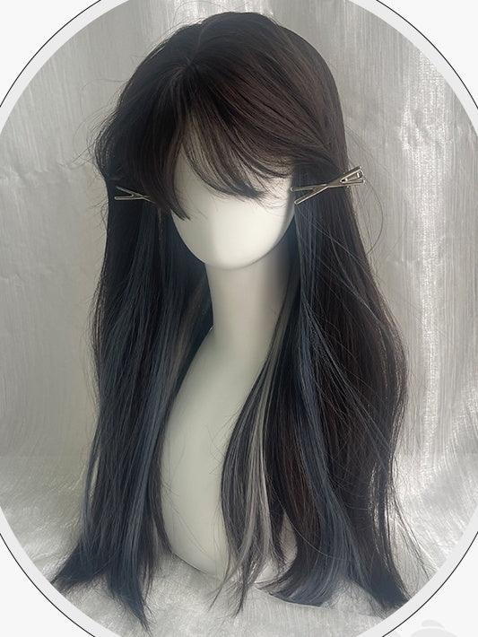 Grey And Blue Highlights Long Straight Synthetic Wig With Bangs