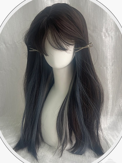 Grey And Blue Highlights Long Straight Synthetic Wig With Bangs