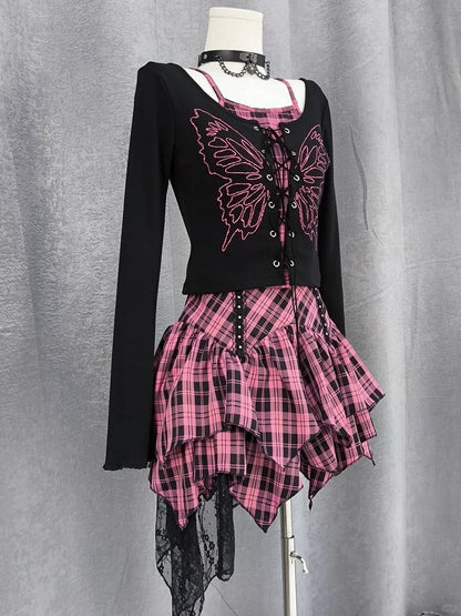 Top Faux Y2K Lace-up Front Butterfly Print Black Pink Plaid Two-pieces and