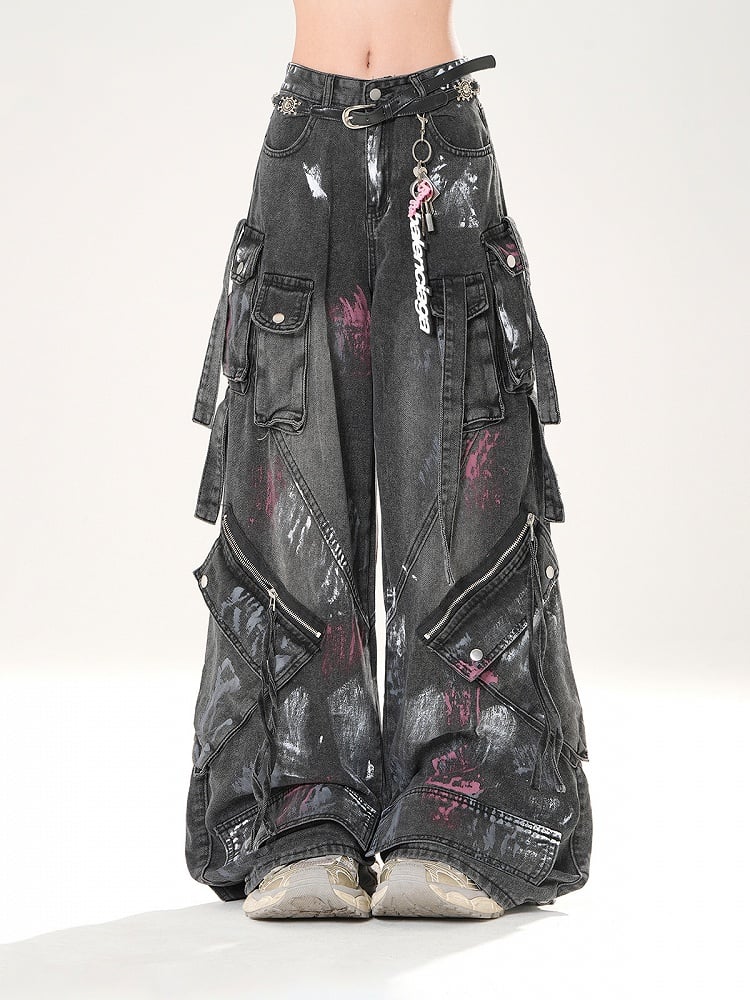 Distressed Black Wide-leg Jeans Rise Zipper Details Low Spray Paint Print