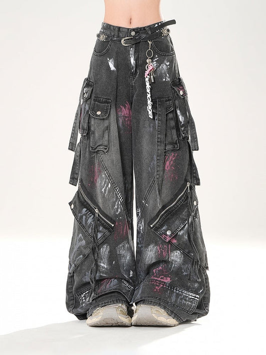 Distressed Black Wide-leg Jeans Rise Zipper Details Low Spray Paint Print