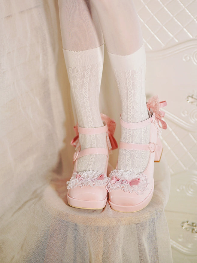Pink High Trim Lace Heels Heart Top Bow at Block Buckles Knotted