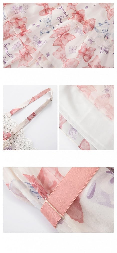 Robe Lolita d'été rose taille haute avec jupe à volants et nœuds