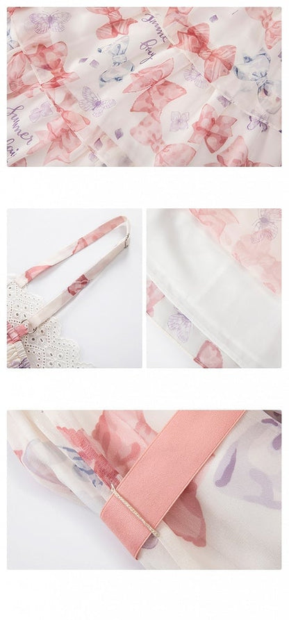 Robe Lolita d'été rose taille haute avec jupe à volants et nœuds