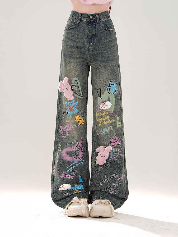 Wide-Leg Jeans with Colorful Graffiti and Detachable Pink Bunny Plushie Blue